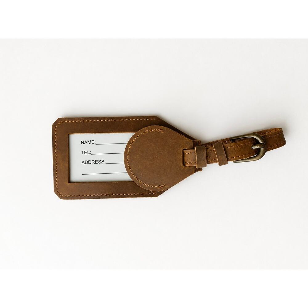 Leather AirTag Holder Luggage Tag Travel ID Case Brown Buckle Strap